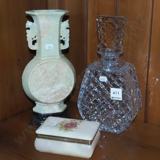 alabaster trinket box, asian vase on stand H-260, cut glass decanter