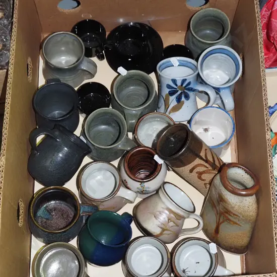 box; studio pottery coffee cups, vases etc