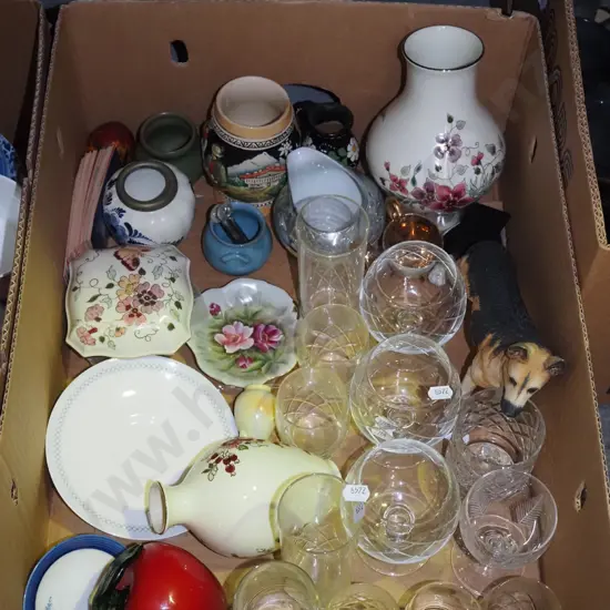 box; cut crystal glasses, vase, dog figurine etc