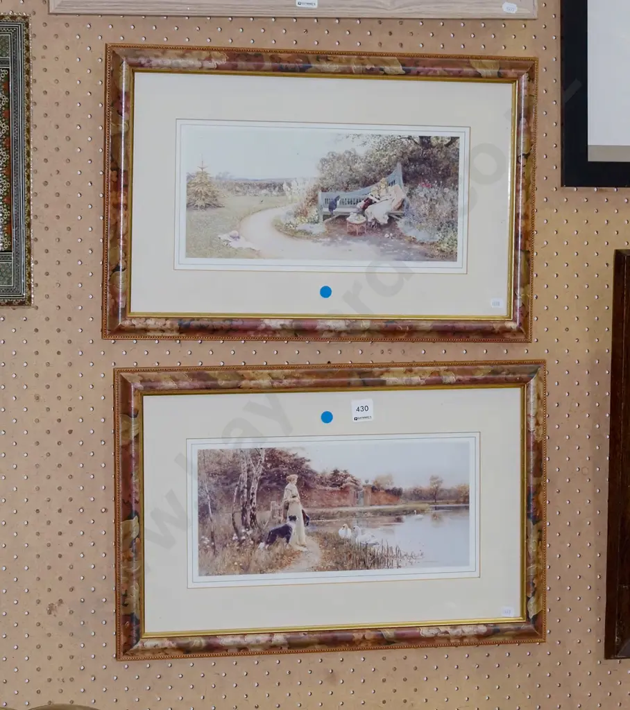 2x framed prints - garden seat, river scene - blue dots Image 1++