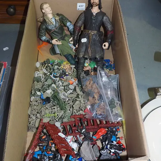 box of toys; soldiers, action figurines etc