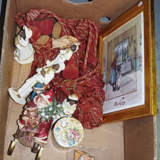 box; framed print on tile, Xmas figurines, curtain ties etc
