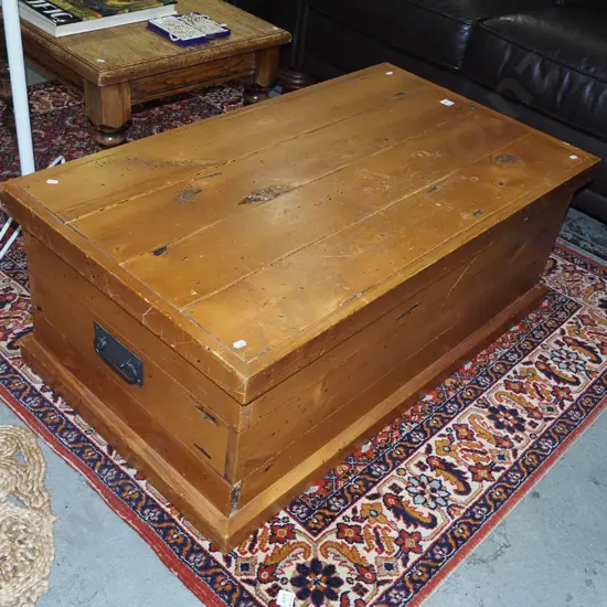 large recycled rimu blanket box with brass drop handles H400 W1040 D590