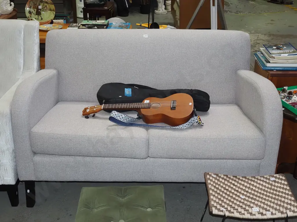 small taupe upholstered 2 seater settee - very good condition H820 W1360 D750 Image 1++