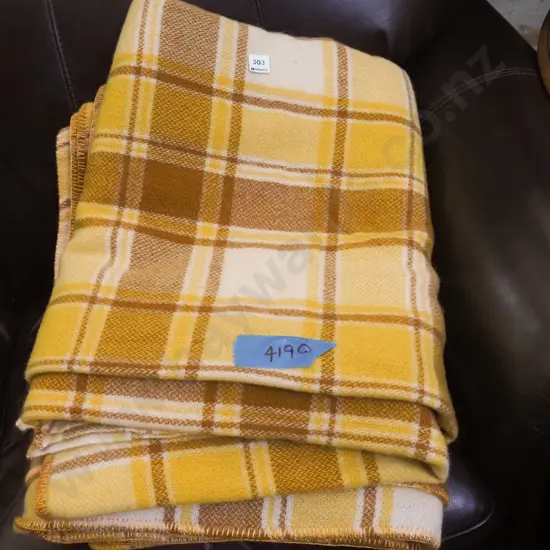 2x yellow and brown checked woollen blankets