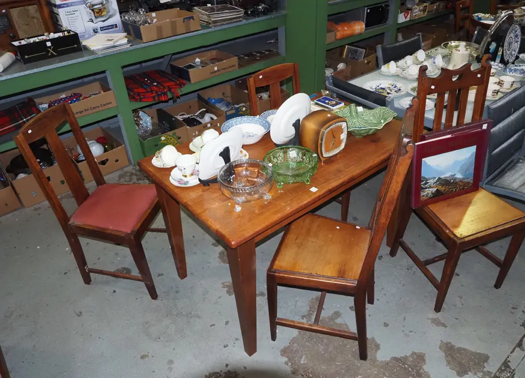 small rubberwood dining table with 4 mismatched chairs - 2x arts and craft chairs, 2x oak splat back chairs Table H765 W Image 1++