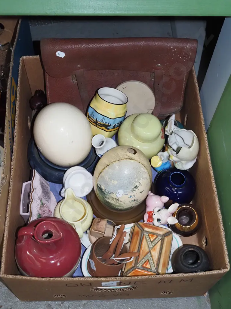 box; ostrich eggs, leather satchel, vases etc Image 1++