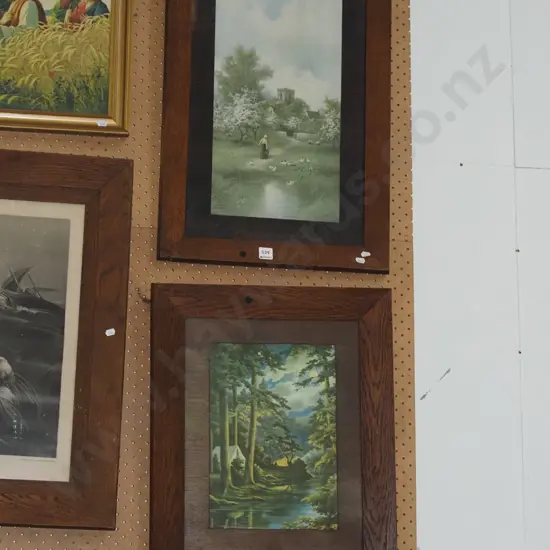 2x oak framed prints - country lane, camp site - black dots