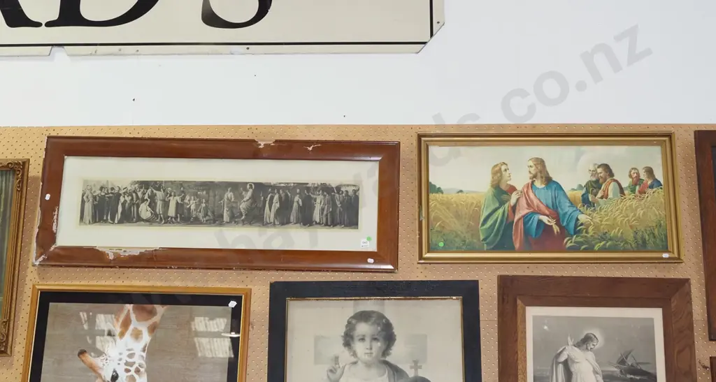 2x framed religious prints - Jesus in wheat field, Jesus on donkey - damage to frame - green dots Image 1++