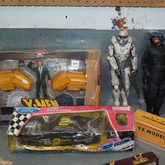 x men toys and damaged box, remote control car in damaged box, 2x action figurines etc