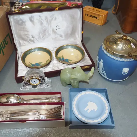 allsorts; jasperware ice bucket, carved stone elephant, 2x brass bowls etc