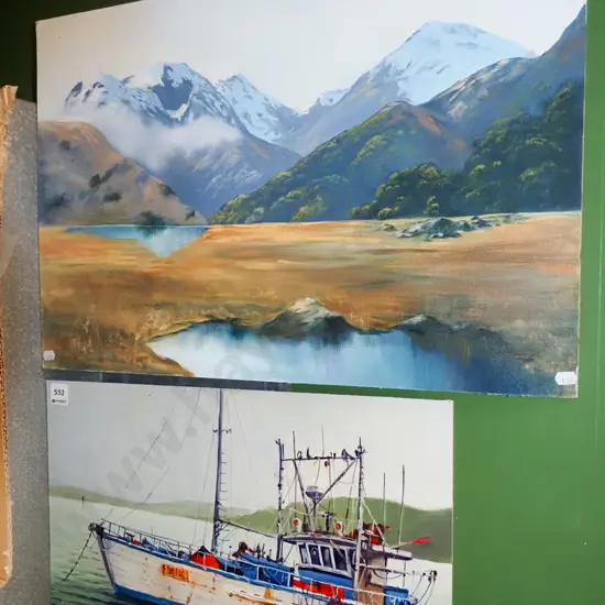 2x oil on board - lake and mountain scene, fishing boat