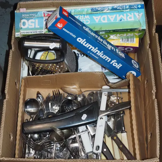 box; kitchen utensils, cutlery etc