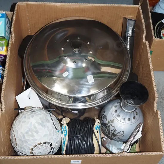 box; large lidded pot, vases, roll of cable etc