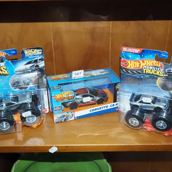 3x boxed HotWheels toy vehicles