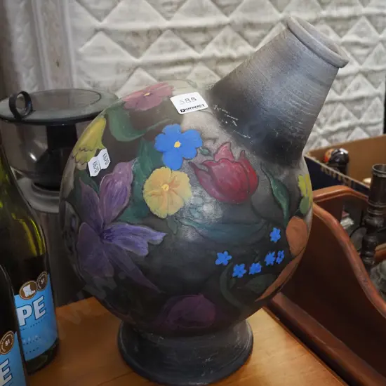unusual NZ studio pottery hand painted floral vase H350