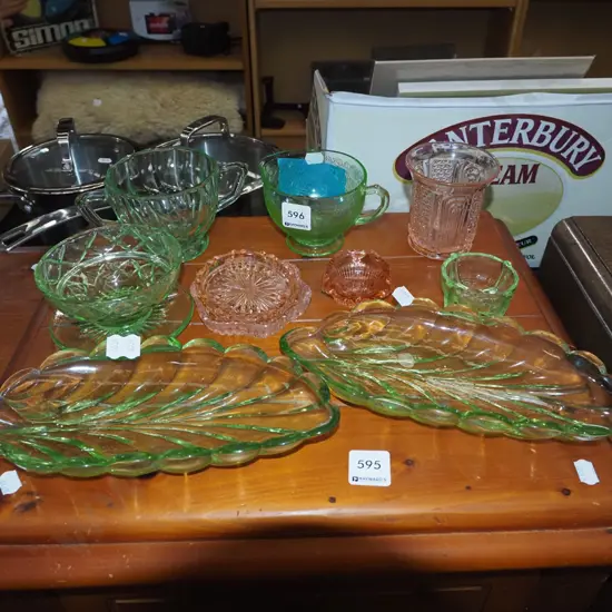assorted green and pink glass items, - 1 etched uranium creamer has chip