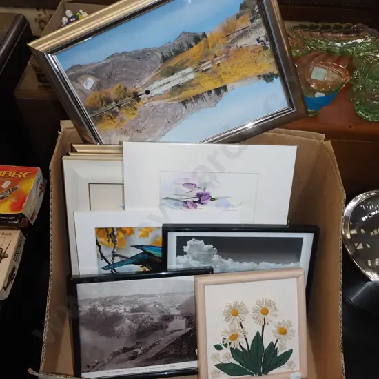 box; photo prints, watercolours, unframed prints etc