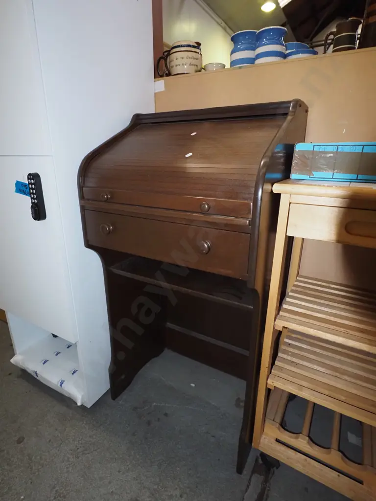 small mdf dark stained single drawer roll top desk H105 W535 D450 Image 1++