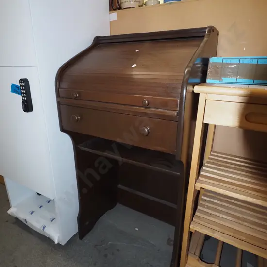 small mdf dark stained single drawer roll top desk H105 W535 D450