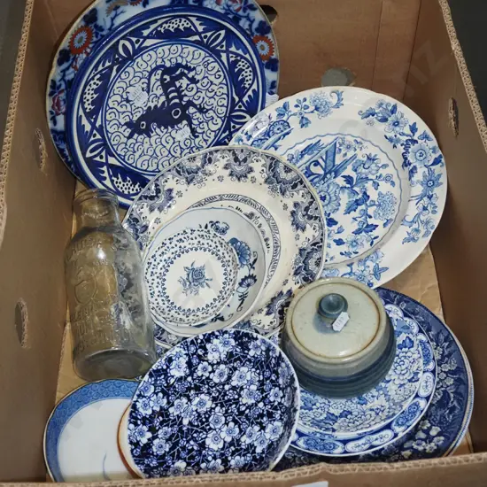 box; blue and white dinner plates, canister, pickle bottle etc - cracks and chips