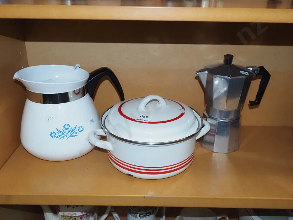 enamel jug, lidded cassareole, stove top espresso maker Image 1++
