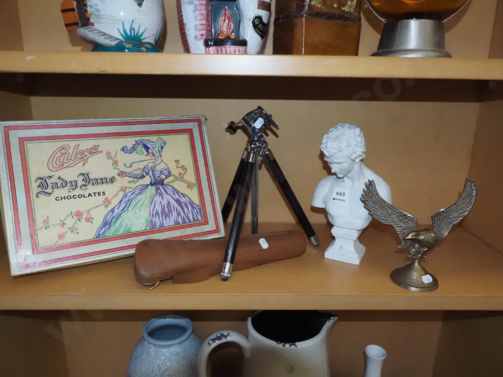 tripod, brass eagle figurine, chocolate box Image 1++