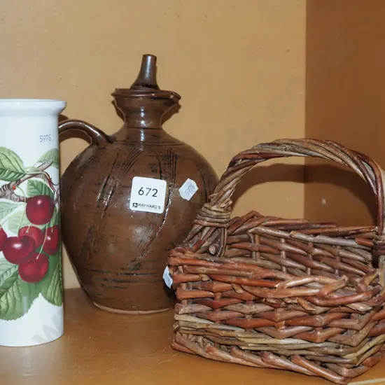 Portmeirion vase, small glass basket, pottery stoppered jug