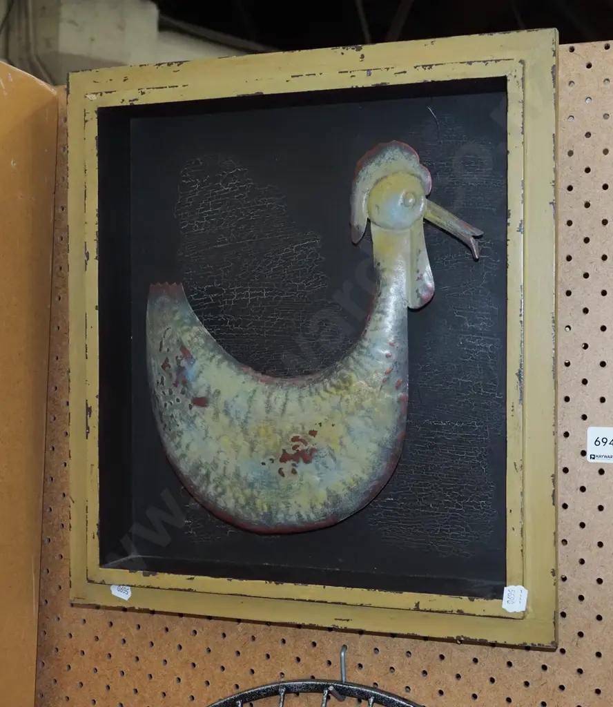 wood framed bent metal chicken wall art Image 1++