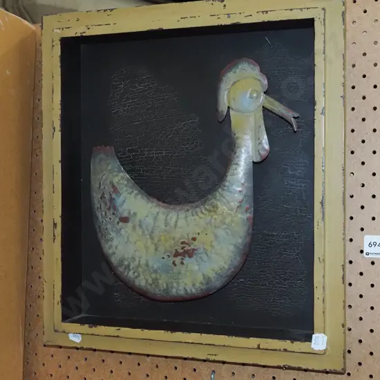wood framed bent metal chicken wall art