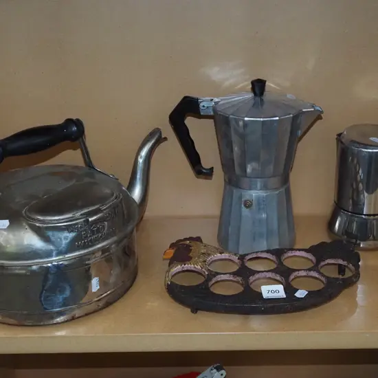 shelf; stove top espresso makers, kettle, cast iron chicken egg rack