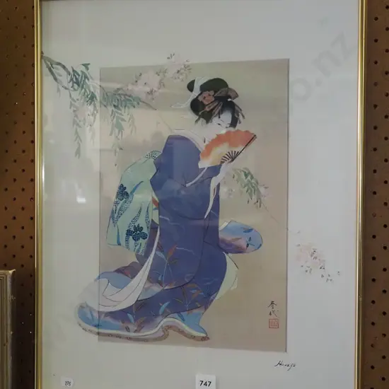 framed Japanese print- lady with fan