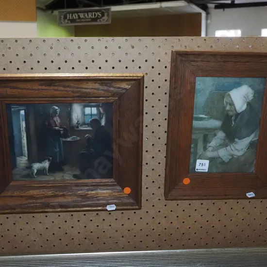 pair of oak framed prints - portrait of a couple, seated woman