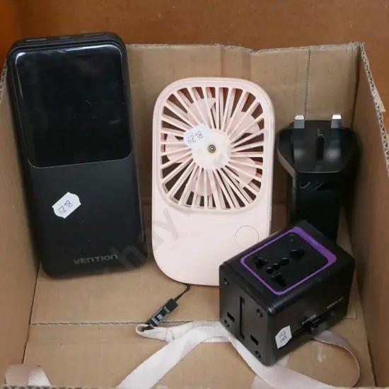 Black portable charger, 2x travel plugs & portable hand held fan