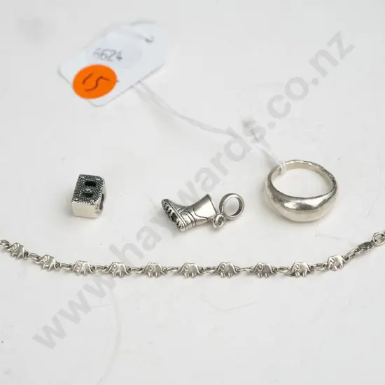 Charm - Letter B1 & charm boot, silver ring and bracelet with silver elephants (broken)