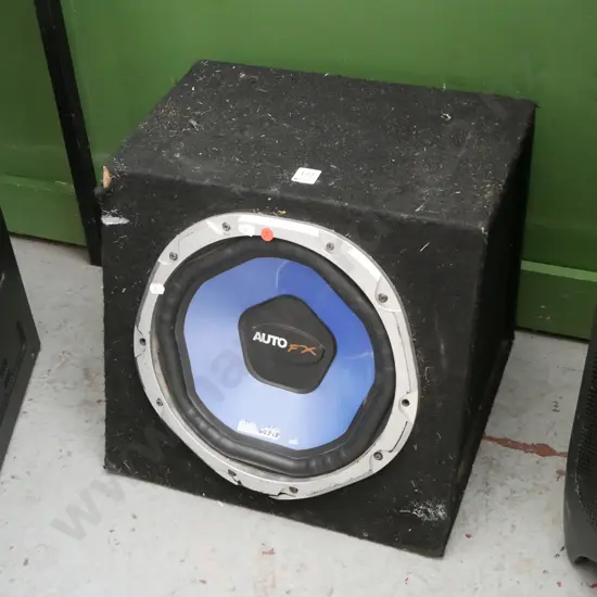 AutoFX 12-inch car subwoofer enclosed in a wooden carpeted speaker box - no power cord