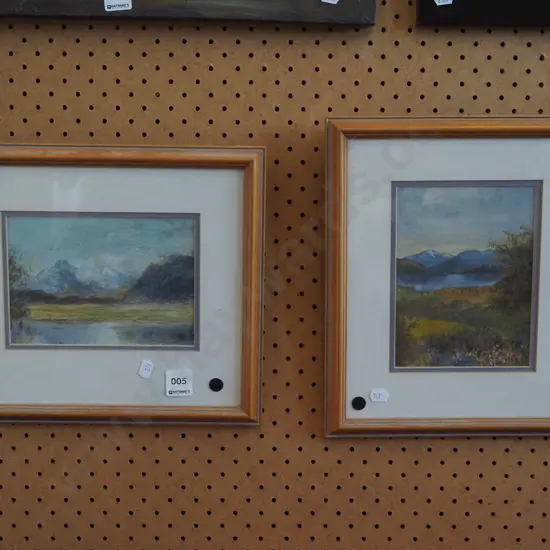2x small framed oils - landscapes - black dots