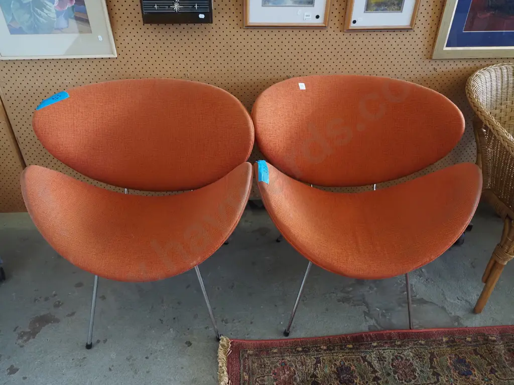 2x orange upholstered lip chairs - fading to fabric Image 1++