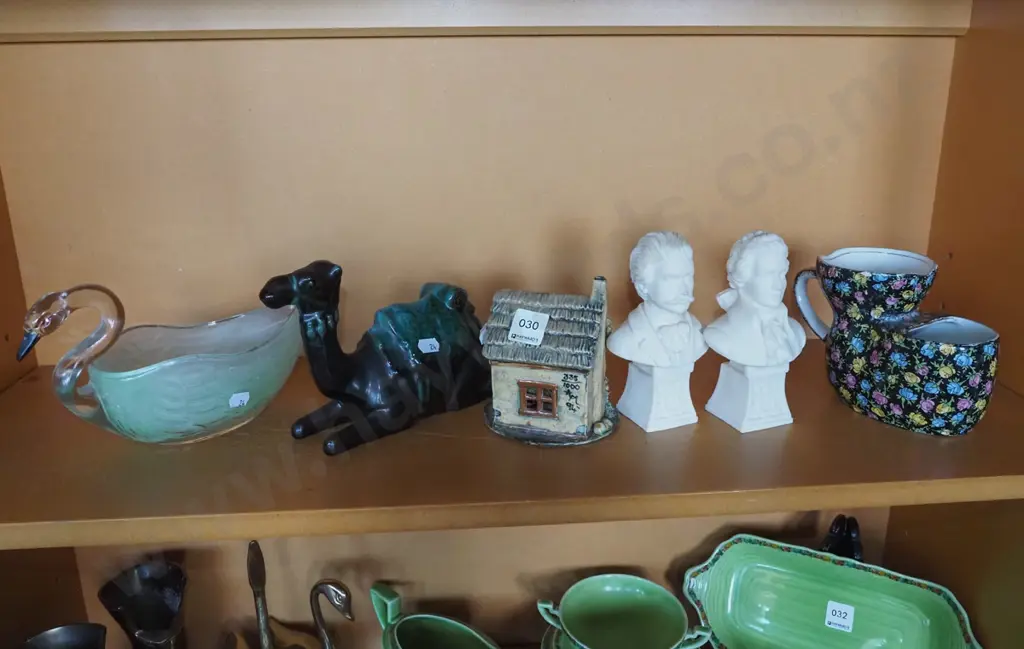 shelf; swan vase, shaving mug, Blue Mountain camel etc Image 1++