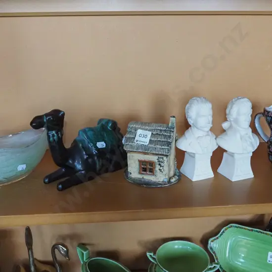 shelf; swan vase, shaving mug, Blue Mountain camel etc
