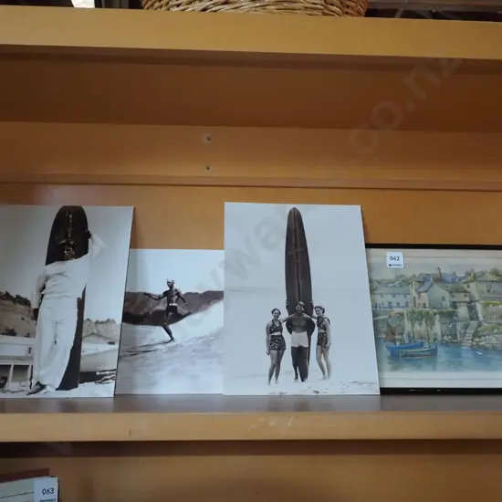 framed watercolour - harbour scene, reproduction vintage surfing photos