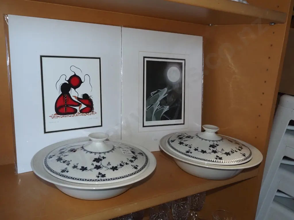 2x unframed first nation prints, 2x lidded Doulton York Town veges Image 1++