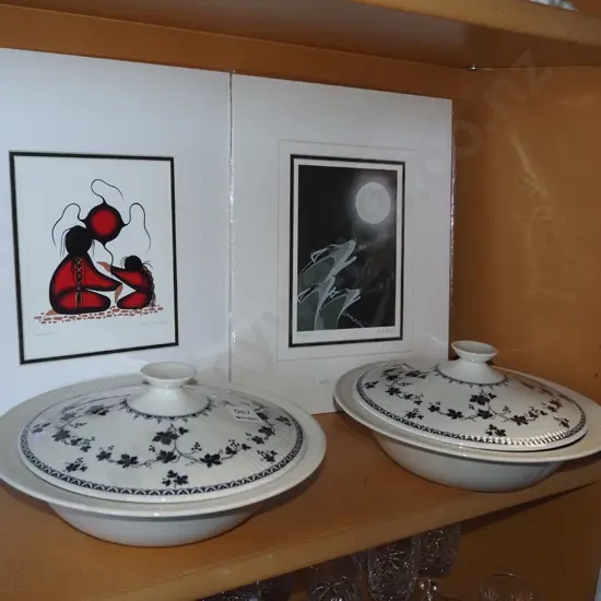 2x unframed first nation prints, 2x lidded Doulton York Town veges