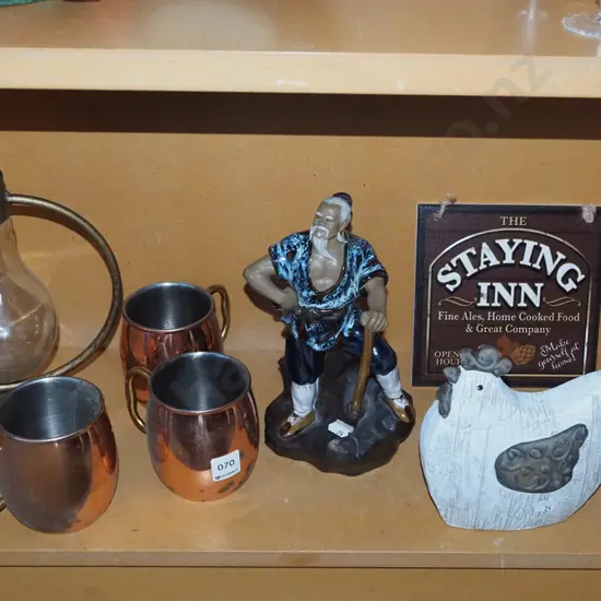 shelf; mud figurine H260, beer tankards etc 