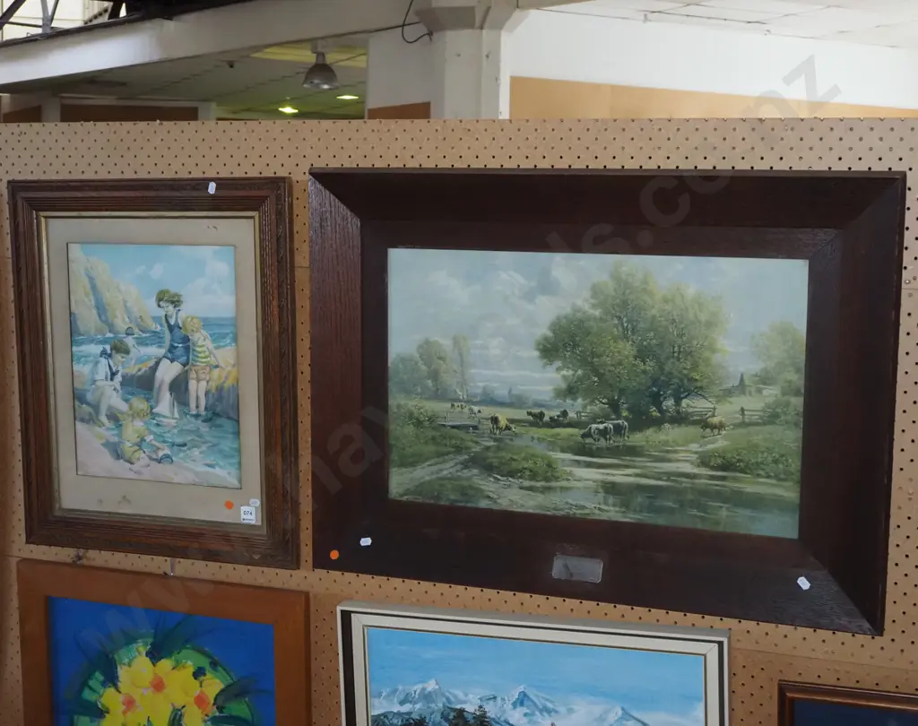 2x framed prints - pastural scene, beach scene - orange dots Image 1++