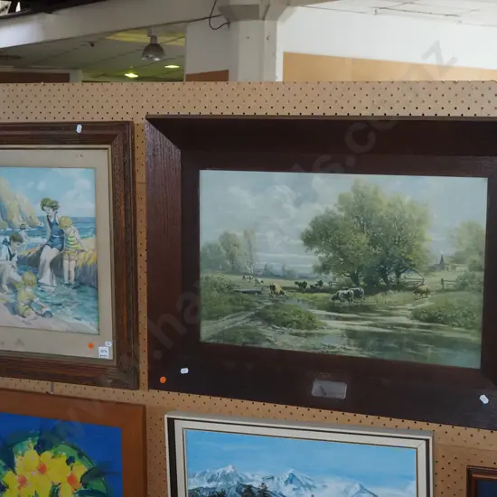 2x framed prints - pastural scene, beach scene - orange dots