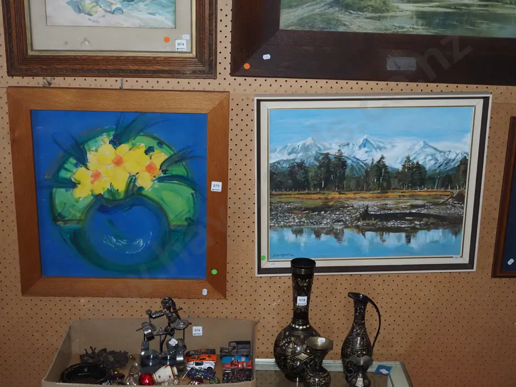 framed acrylic, framed oil - daffodils, mountain scene - green dots Image 1++