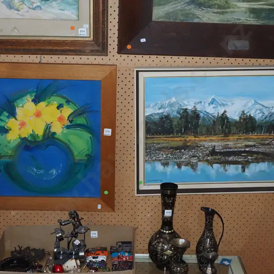 framed acrylic, framed oil - daffodils, mountain scene - green dots