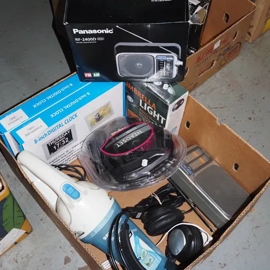 box; headphones, digital clocks, dustbuster etc