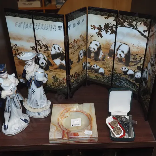 small 6 panel screen, figurines, ashtray etc